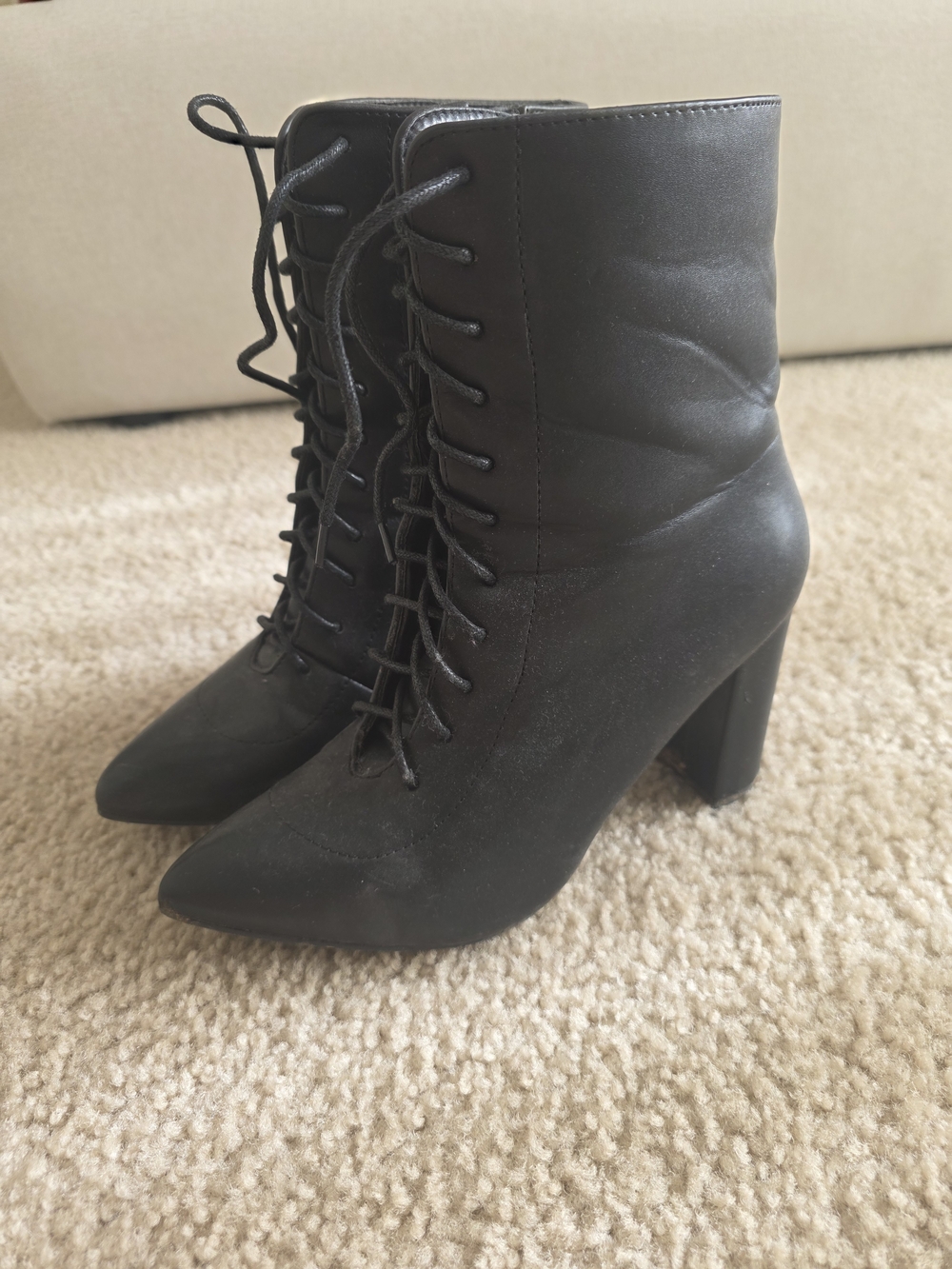 Women's Black Lace-Up Block Heel Ankle Boots